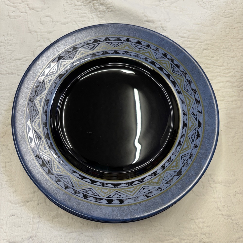 Vintage ARCOROC France Yucatan Glass Salad Plates 7.75" Blue Black Set Of 8